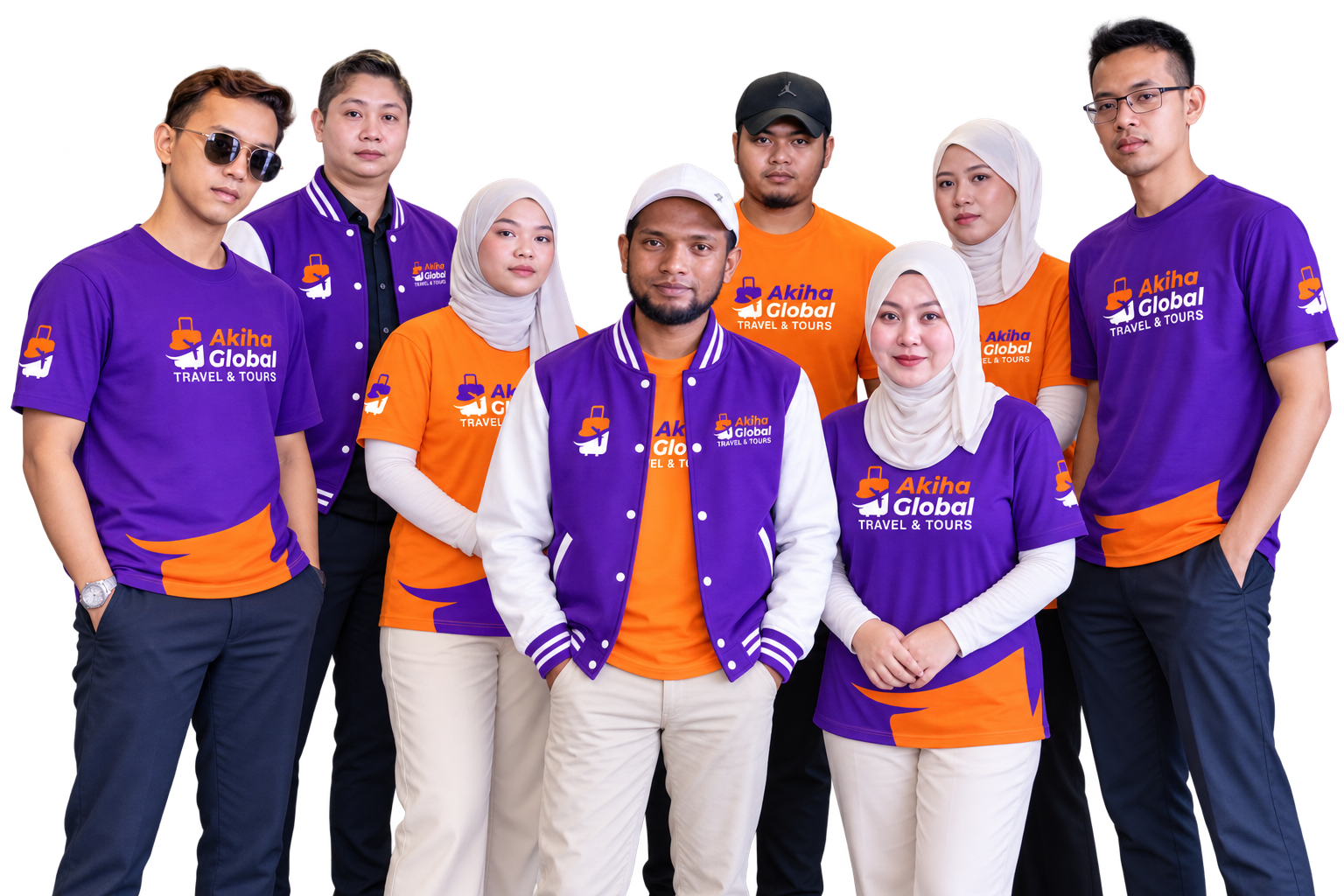 Lapan orang team Akiha dalam outfit ungu dan oren Akiha Global