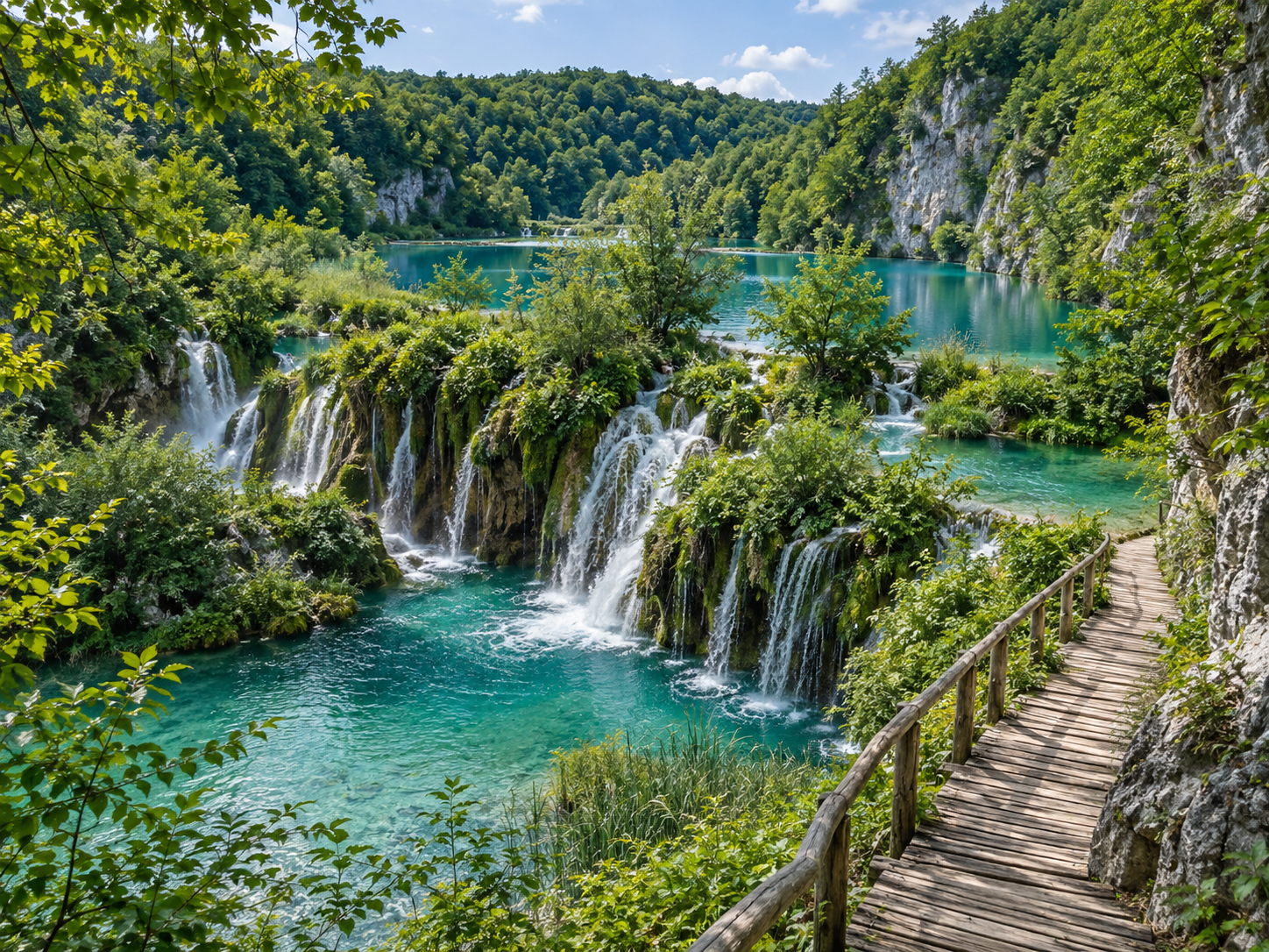 Visual inspirasi tasik biru hijau dan air terjun Plitvice Lakes di Croatia