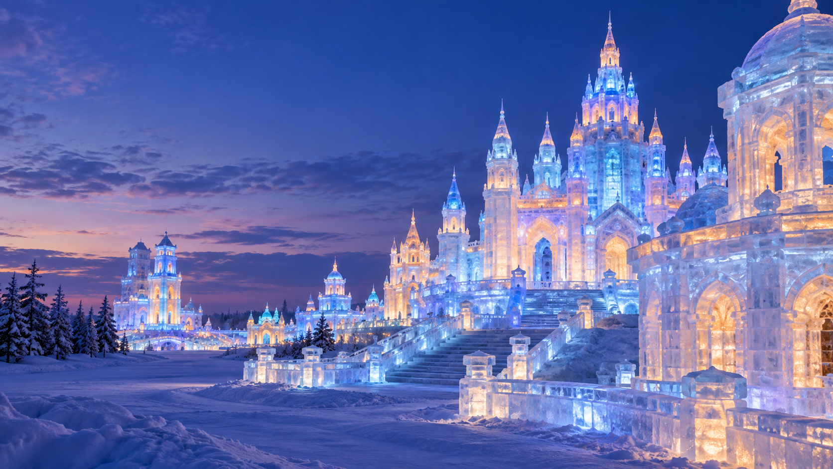 Visual inspirasi binaan ais bercahaya di festival musim sejuk Harbin