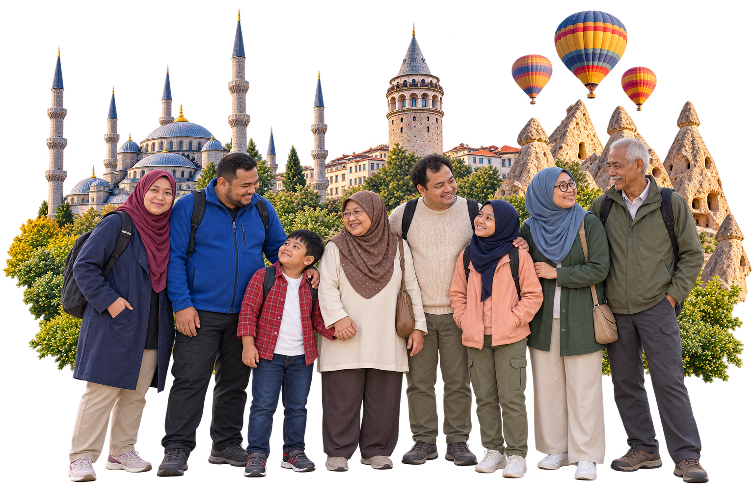 Kolaj ilustrasi lapan ahli keluarga Melayu Malaysia, tiga generasi, bersama landmark Istanbul dan Cappadocia
