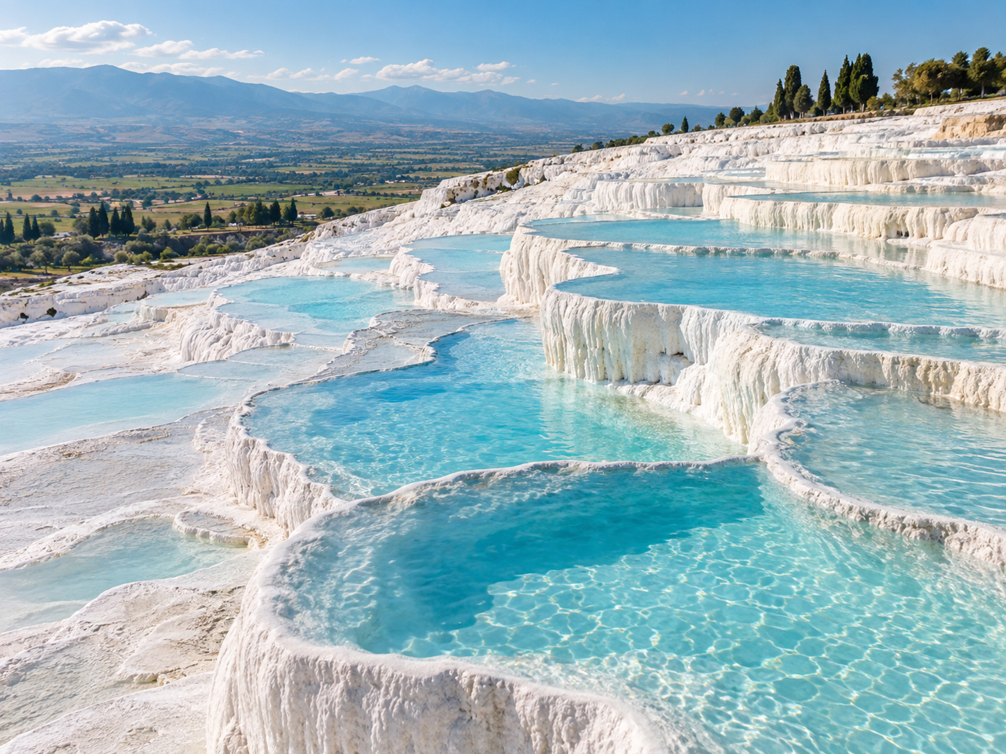Visual ilustrasi teres putih dan kolam biru Pamukkale